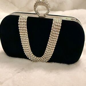 Crystal-Embellished Black Velvet Evening Clutch
